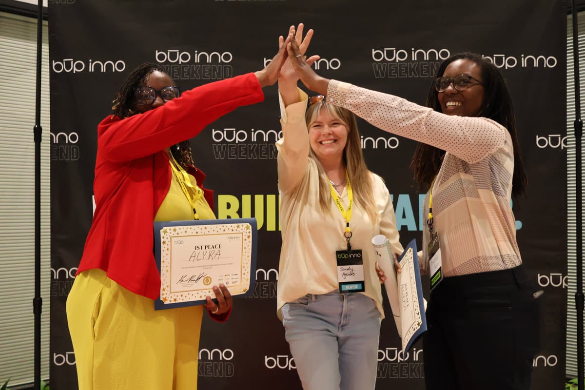 Winning team celebrating at BŪP Innovation Weekend.